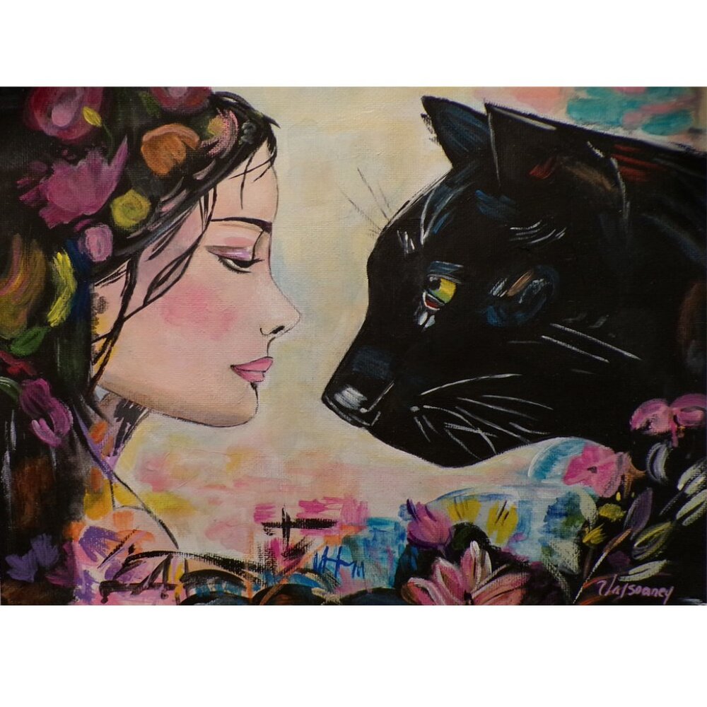 Original Woman and Panther Painting Wall Art Abstract Realism on Canvas Paper